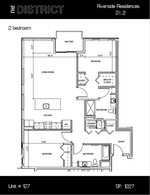Floor plan for 2 beds, 2 baths, 1228 sqft